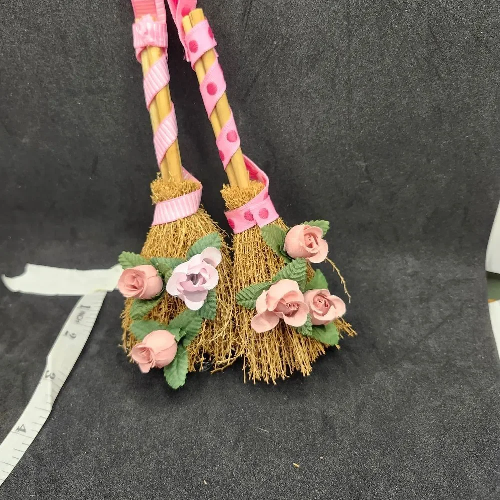 Hand Crafted Set of 2 Decorative Mini Brooms with Pink Roses